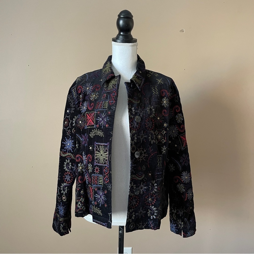 CHICO'S | Black Velour Embroidered Jacket Sz L - Picture 3 of 7